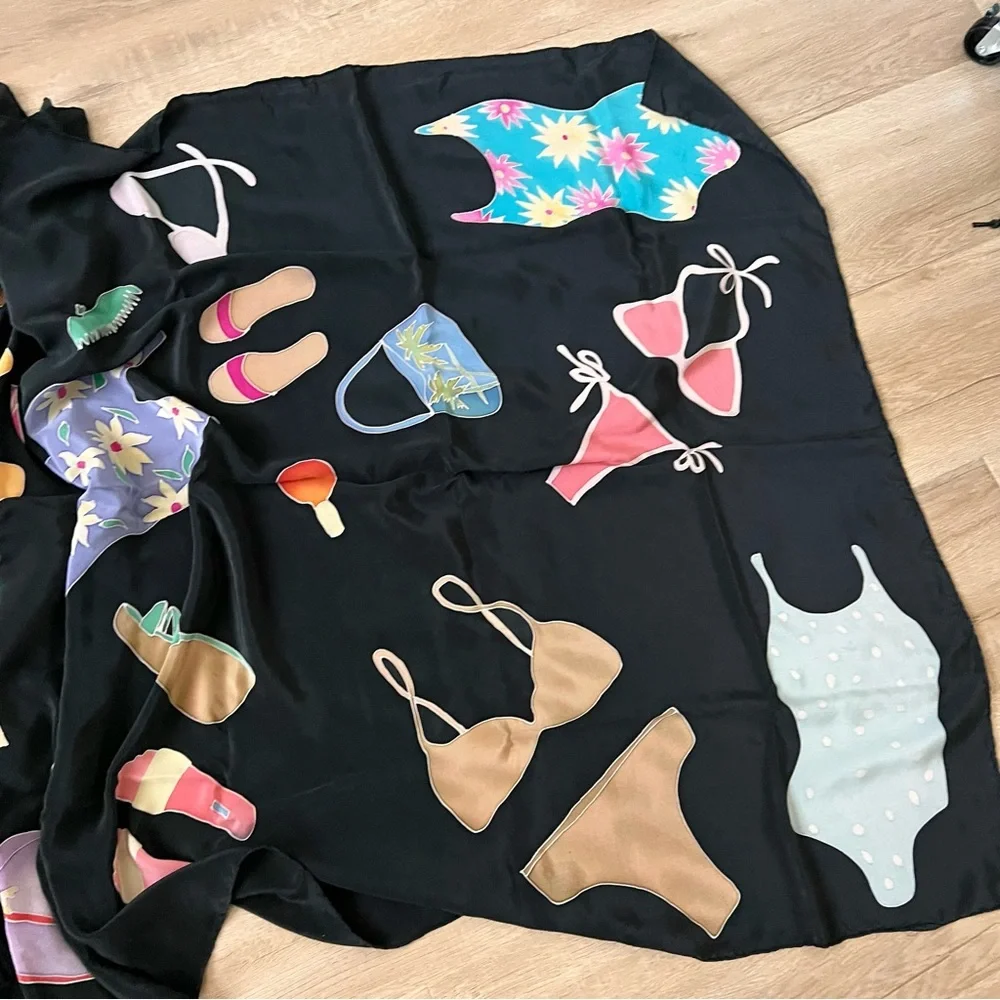 Huge Thick Silk Scarf Wrap Black With Beach‎ Theme - 70” X 38” - Vacation Party